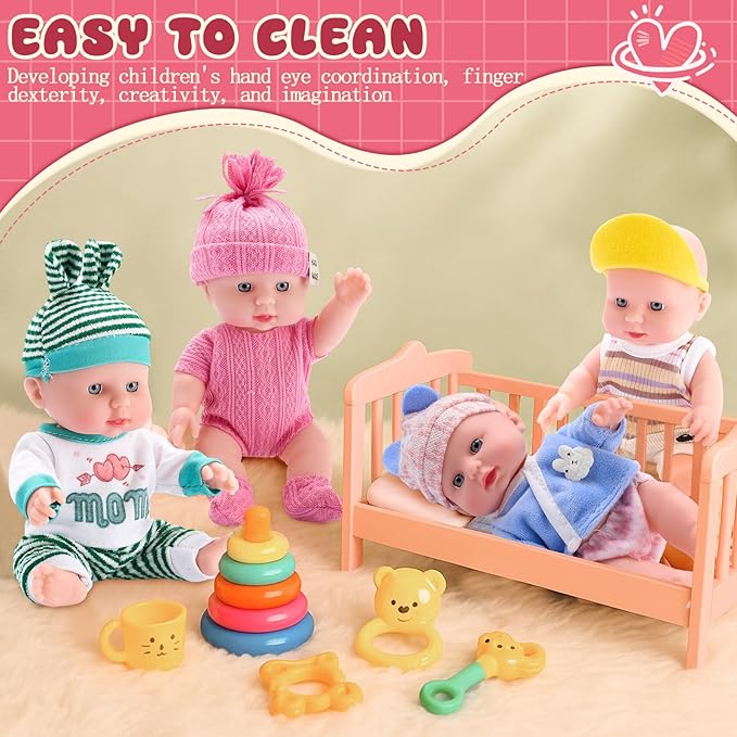 Halloscume 7 Inch Mini Baby Mini Reborn Doll Vinyl Full Body Lifelike Dolls Baby with Weighted Cloth Reborn Gift Set for Kids, Gifts for Christmas Kids(4 Pcs,Summer)
