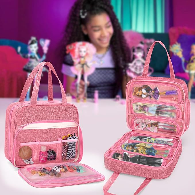 LoDrid Doll Case Compatible with Monster High Dolls with 6 Transparent Pockets for Display and Storage, Tote Bag with Front Pocket and Handle, Pink, Bag Only