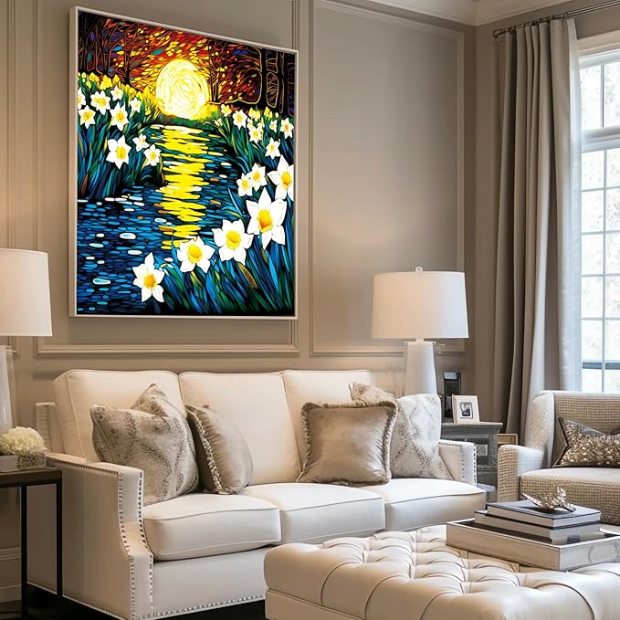 Bgraamiens Puzzle-Moonlight Daffodils-1000 Pieces Square Stained Glass Art Puzzle Daffodils in Moonlight Color Challenging Beautiful Jigsaw Puzzles for Adults (Moonlight Daffodils)