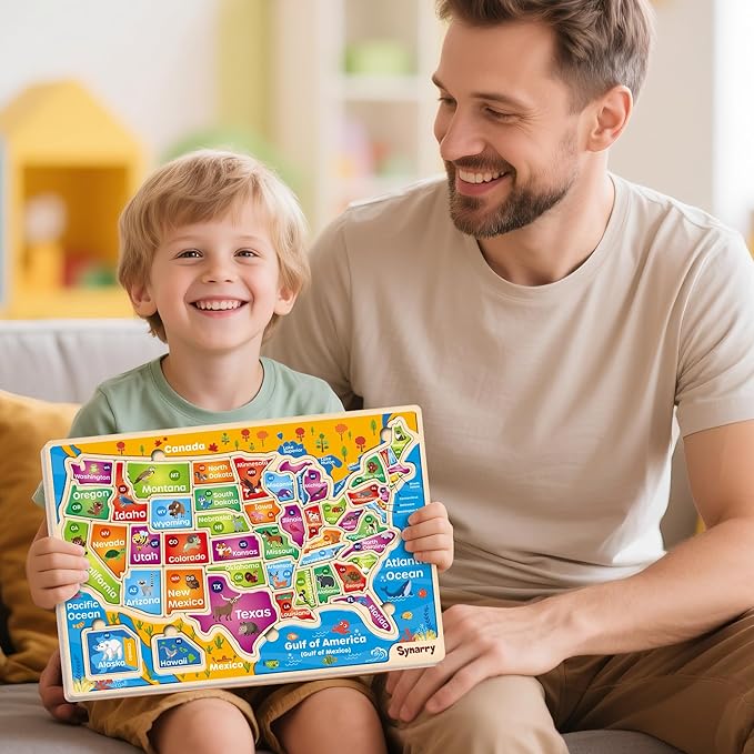 SYNARRY Large USA Wooden Puzzles for Kids Ages 3-5, Learning United States Map Puzzles for Kids Ages 4-6, Wood Jigsaw Puzzles Educational Games Toys for Boys Girls Ages 3-8, Easter Basket Stuffers