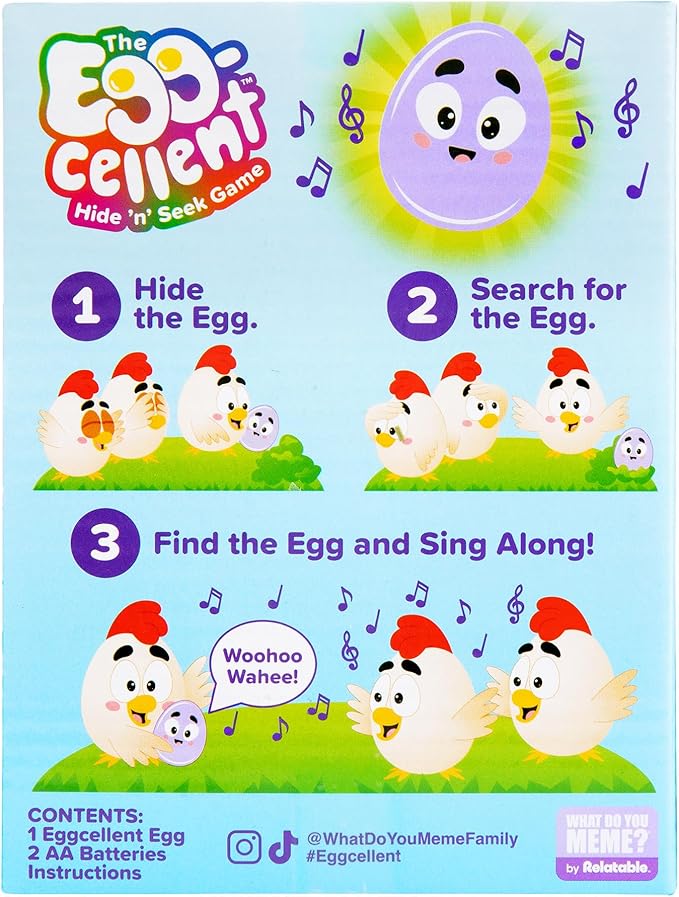 Eggcellent by Relatable, The Kid-Friendly Hide & Seek Game, Toddler Toys for Ages 3+, Includes 1 Eggcellent Light-Up Toy That Sings