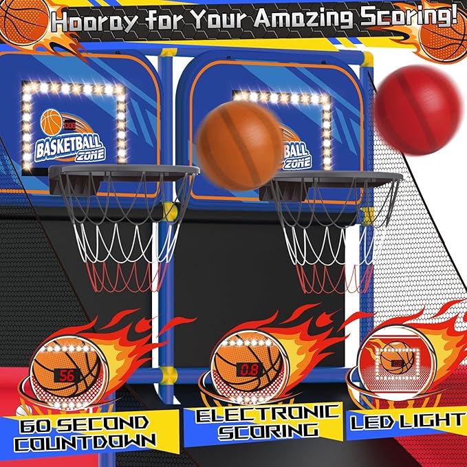 Upgrade Dual Basketball Arcade Game Kids Electronic Basketball Hoop with Electronic Scoreboard LED Light 6 Balls Indoor Outdoor Sports Toys Gift for Boys Girls Ages 3-8 (Blue)