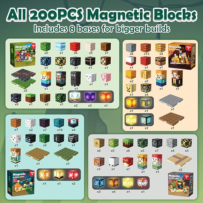 4-in-1 Magnetic Blocks with 24 Light Up Blocks, 200PCS Magnetic Building Blocks with 8 Base Plates, Screen-Free Magnetic Building Cubes Toy, Easter Birthday Gifts for Boys Girls Age 3+