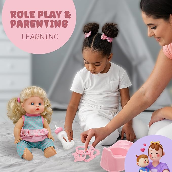 SMILESSKIDDO Baby Doll, 12 inch Interactive Talking Doll with Hair, Bottle, Soft Vinyl Body and Other Accessories, Realistic 12 Sound Modes & Pee Function – Perfect Pretend Play Toy for Toddlers