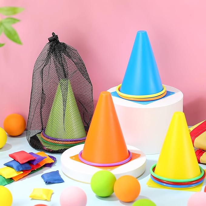 43 Pcs 3 in 1 Carnival Outdoor Games Combo Set Include 6 Plastic Cones, 12 Rings, 12 Bean Bags, 12 Plastic Balls, 10 Feet Play Parachute for Holiday Carnival Party Play Game Decor Supplies