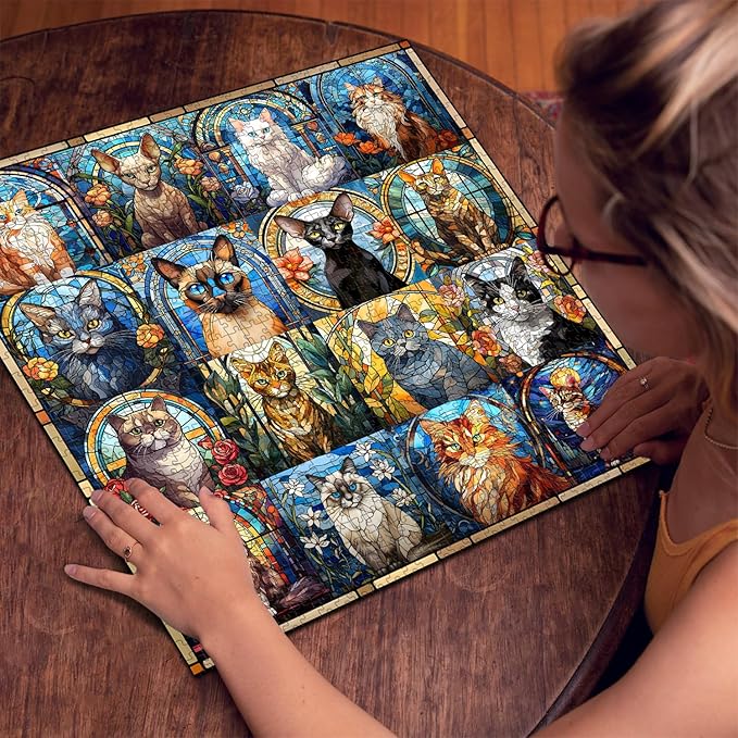 Stained Glass Puzzle Cat Puzzles for Adults 1000 Pieces, Colorful Kitty Kitten Collage Puzzles 1000 Pieces, Hard Difficult Impossible Challenging Jigsaw Puzzles for Adults