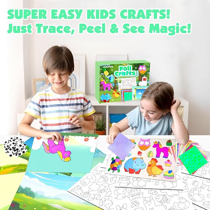AJAZPER Foil Crafts for Kids, Arts Kit for Kids, Art & Craft Supplies Kits, DIY Creative Activity Travel Toy Gift, Ideal Birthday Christmas Party Favor Gifts for Girls Boys Ages 4+ (Green)