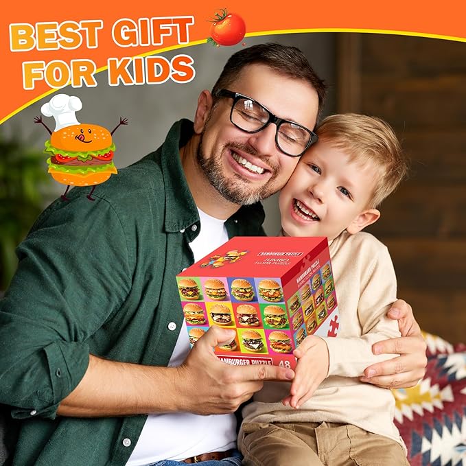Jumbo Floor Puzzle for Kids,48 Piece Hamburger Jigsaw Puzzles,Learning Educational Foods Toys for Toddlers Ages 3-5,Colorful Design Children Gift for Boy Girl Ages 4-8