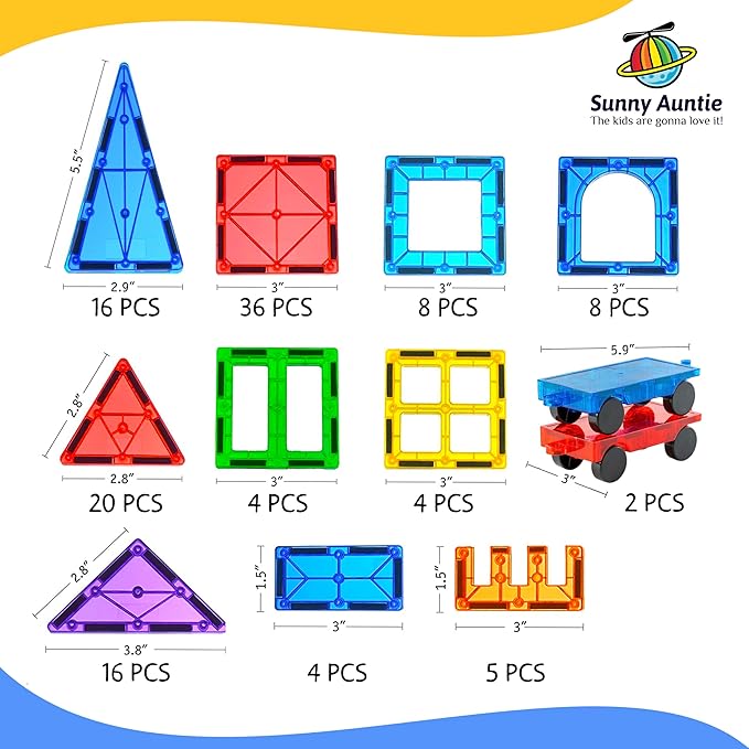Magnetic Tiles 123 PCS with 2 Cars & Storage Bag – Magnetic Building Tiles STEM Toy for Kids Ages 3-8, Magnet Construction Set for Boys & Girls