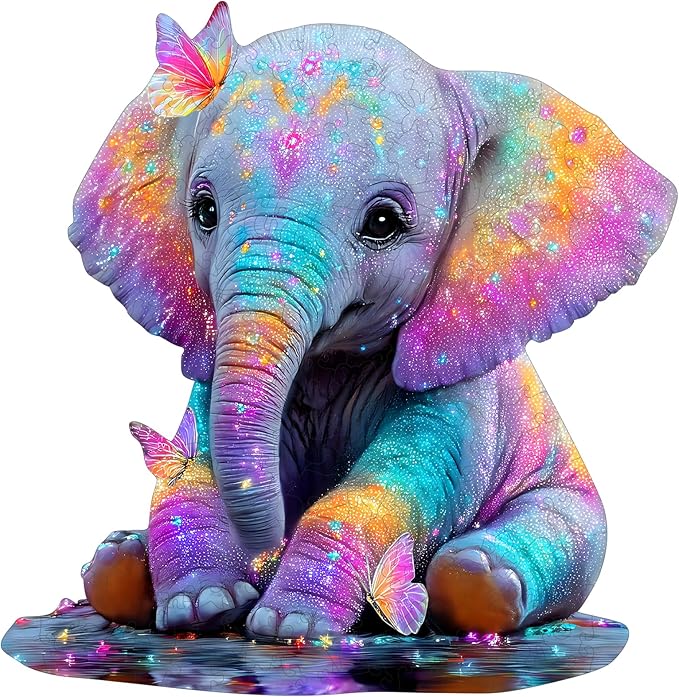 MEATRN Wooden Jigsaw Puzzle - Colorful Baby Elephant with Butterflies, 199 Pcs, 11.1x11.4 in, Animal Puzzles for Adults & Kids, Educational Brain Teaser Gift and Home Art Décor