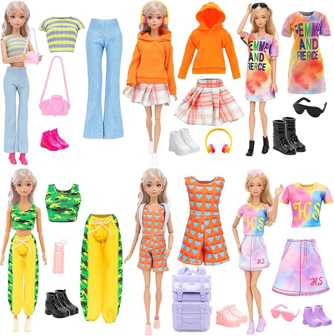 18 Pcs Doll Clothes & Accessories for 11.5 Inch Girl Dolls Include 6 Chill Outfit Hooded Sweater, Dress, Skirt, Sport Wear, Jumpsuit, 6 Shoes, 1 Backpack, 5 Accessories for Dolls Casual Wear