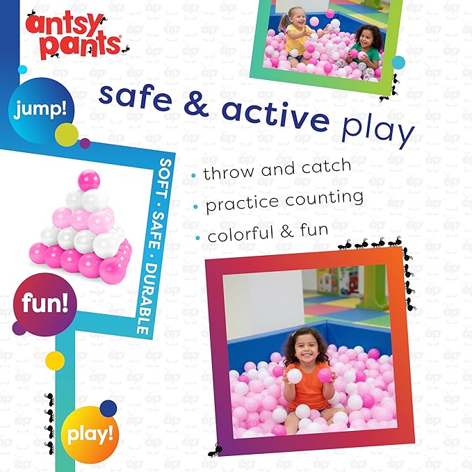 Antsy Pants 100 Ball Pit Balls, Ball Pit for Toddlers 1-3, Non-Toxic Materials, Lightweight, Reusable Storage Bag, Plastic Balls for Ball Pit, Sensory Toys for Kids, Pink/White