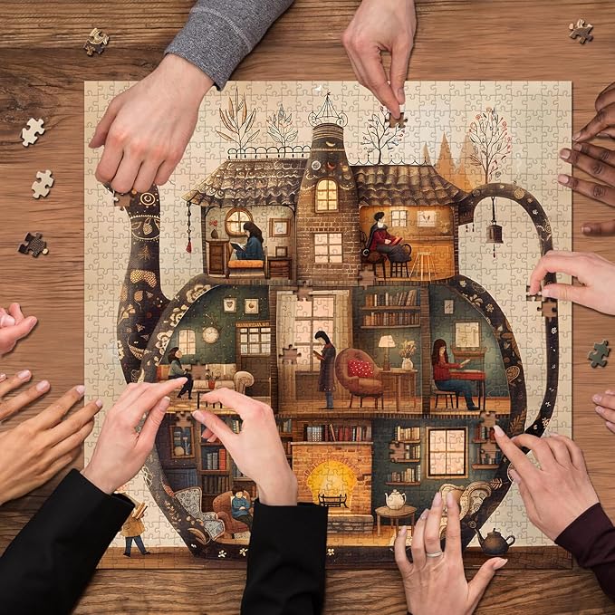 Teapot Library Puzzles for Adults 1000 Pieces, PICKFORU Vintage Bookshelf Book Puzzles Room Art, Difficult Unique Reading Room Scene Theme