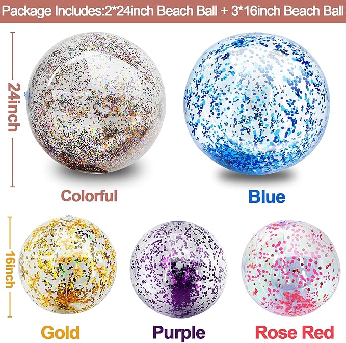 5 Pcs Inflatable Beach Balls, 16 Inch & 24 Inch Large Confetti Glitter Beach Balls, Sequins Clear Blow up Pool Balls Toys for Christmas Party Decorations 2026 New Year Birthday Summer Swimming Pool