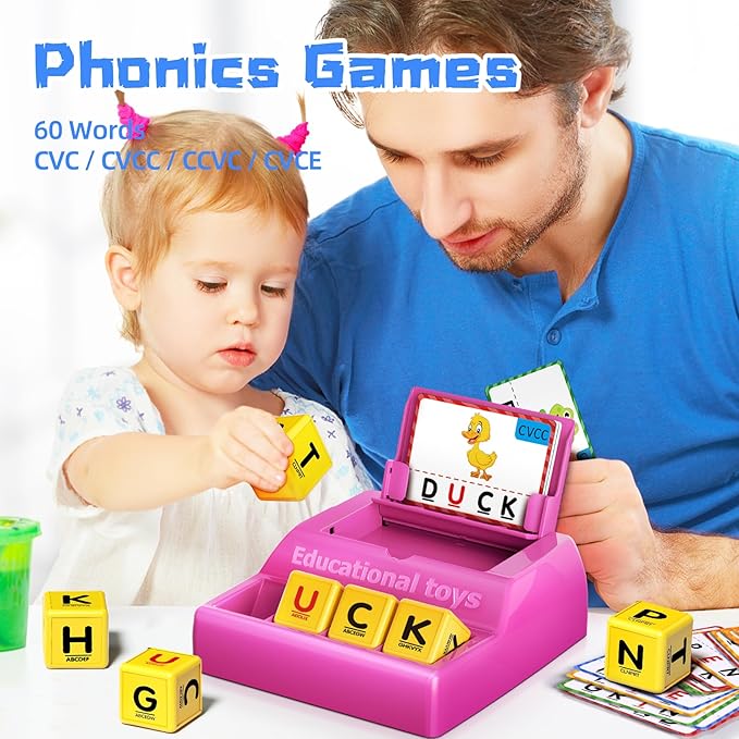Montessori Matching Letter Game for Kids Ages 3-8 | Educational Learning Spelling Toys with Storage Function | Christmas Birthday Gifts for 3 4 5 6 Year Old Boys & Girls | Larger Pink (50% Bigger)