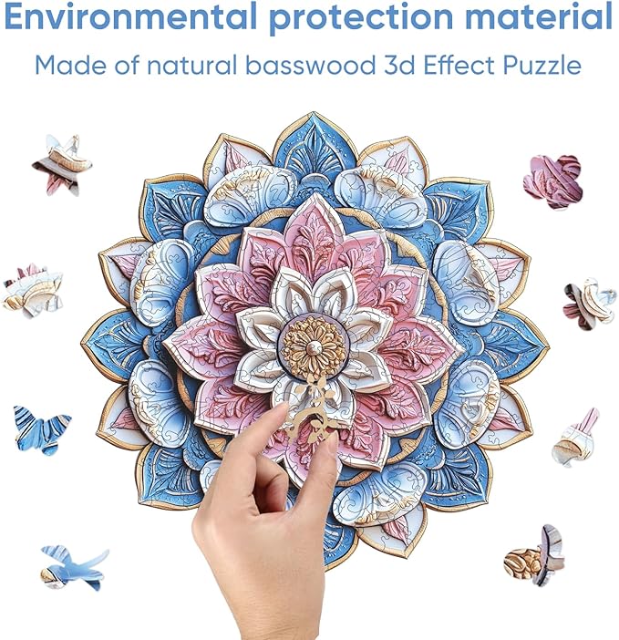 Reouinty Wooden Puzzle for Adults, Mandala Wood Puzzles 200 Piece, Jigsaw Puzzles Home Decor, Natural Puzzle Unique Shape Adult Puzzles, Puzzle Creative Gift for Adults 11.2 x11.2 in