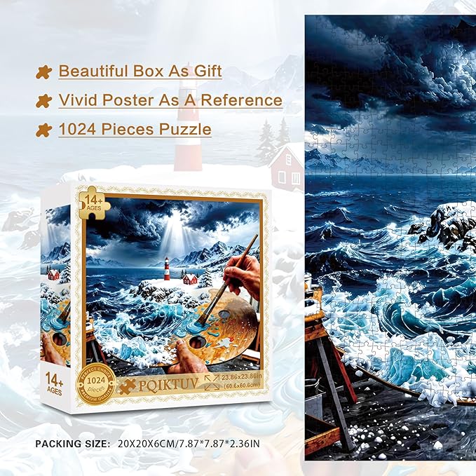 1024-Piece Jigsaw Puzzle for Adults, 3D Surreal Lighthouse Coastal Painting, Family Impossible Ocean Puzzle Wall Decor & Gift for Art & Ocean Lovers, 23.86 x 23.86 Inches