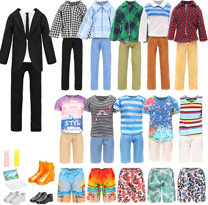 Miunana Lot 16 Items Doll Clothes & Accessories Classic Black Suit for Boy Doll Include Random 4 PCS Casual Wear + 5 PCS Dolls Pants + 3 Pairs of Shoes Laptop Water Bottles