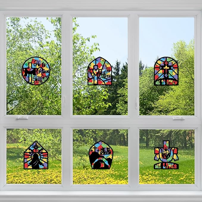 24 Set Easter Suncatchers Crafts DIY Christian Paper Cross Kit He is Risen Craft Jesus Religious DIY Hanging Decor Window Art Activity Gifts for Sunday School VBS Church Decoration