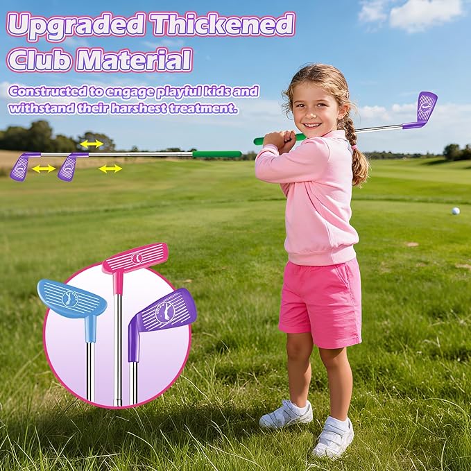 Kids Toy Golf Set with Dinosaur Automatic Golf Returner, Led Light Up Night Golf Balls, 3 Clubs, Putting Mat, 3-8 Toddler Mini Golf Games, Indoor Outdoor Sports Toys for Boys Girls 3+ (Pink)