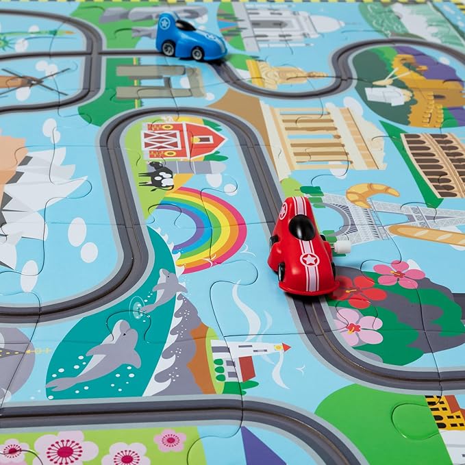 Melissa & Doug Race Around the World Tracks Cardboard Jigsaw Floor Puzzle and Wind-Up Vehicles (48 Pcs) for Preschoolers and Kids Ages 4+