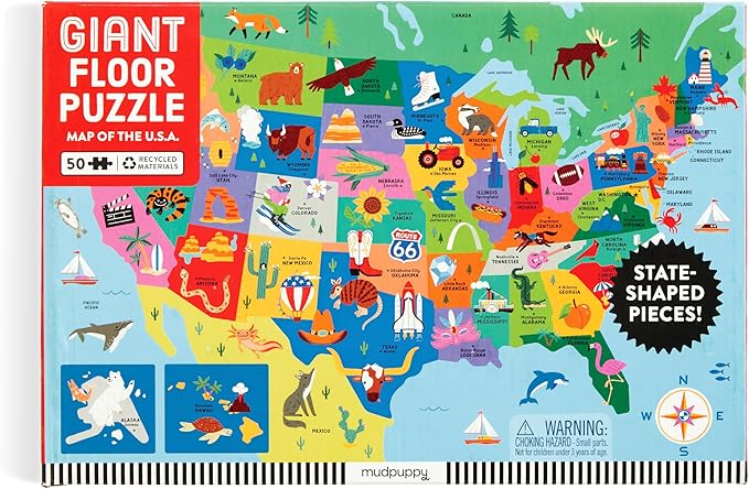 Mudpuppy Map of The U.S.A – 50 Piece Giant Floor Jigsaw Puzzle Featuring A Colorful Map of States with Capital Cities and Fun Cultural Icons