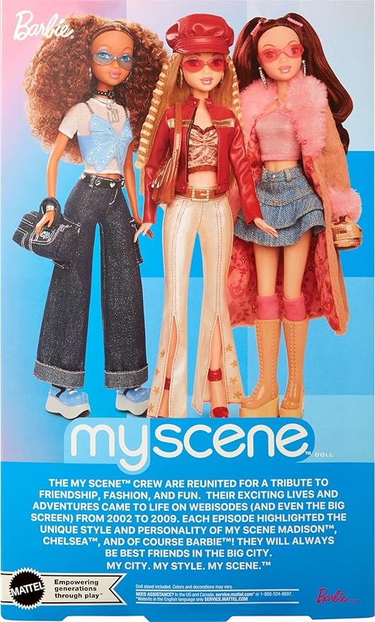 Barbie Signature My Scene Doll & Accessories, in Y2K-Inspired Outfit with Pleather Jacket, Flare Pants, Saddle Bag & Display Stand