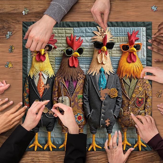 Funny Chicken Family Puzzle 1000 Pieces, Vintage Stylish Roosters Jigsaw Puzzles, Colorful Animal Chickens Puzzle