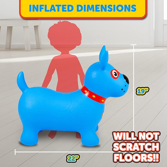 Waddle Bouncy Animal Hopper - Inflatable Hopping Animals, Indoors and Outdoors Fun, Pump Included, Riding Toys for Boys and Girls Ages 2 Years and Up, Blue Super Hero Dog
