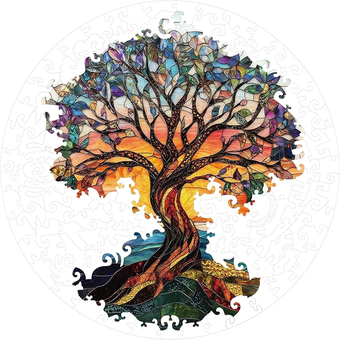 Bodhipnjoy Tree of Life Wooden Puzzles, Stained Glass Tree Jigsaw Puzzles 200 Piece, Fun Challenging Unique Shaped Wood Plant Puzzles, Creative Gifts Family Game Home Decor 11.2 * 11.2 inch