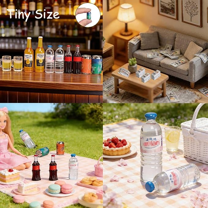 1 Set Doll House Items Mini Beer Soda Cans Water Bottle with Miniature LCE Bucket&LCE Miniature Money for Mini Christmas Elf Doll Props&Accessories,Craft Projects,Action Figure Accessories