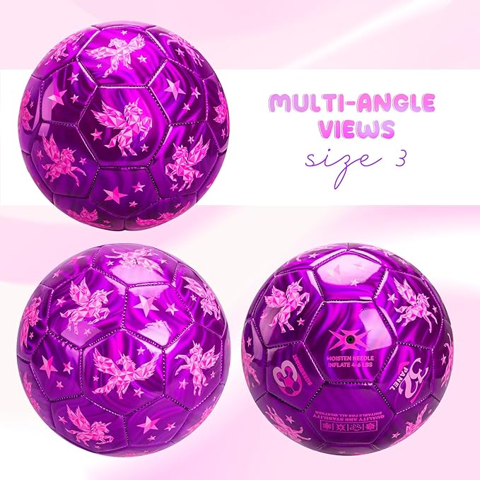 Soccer Ball Size 2 Size 3 Size 4 For Toddlers Kids Ages 1-3 3-8 8-12 - Glitter Unicorn Dinosaur Design - Sports & Outdoors Ball with Pump Deflated - Gift for Girls Boys Children Youth School Birthday