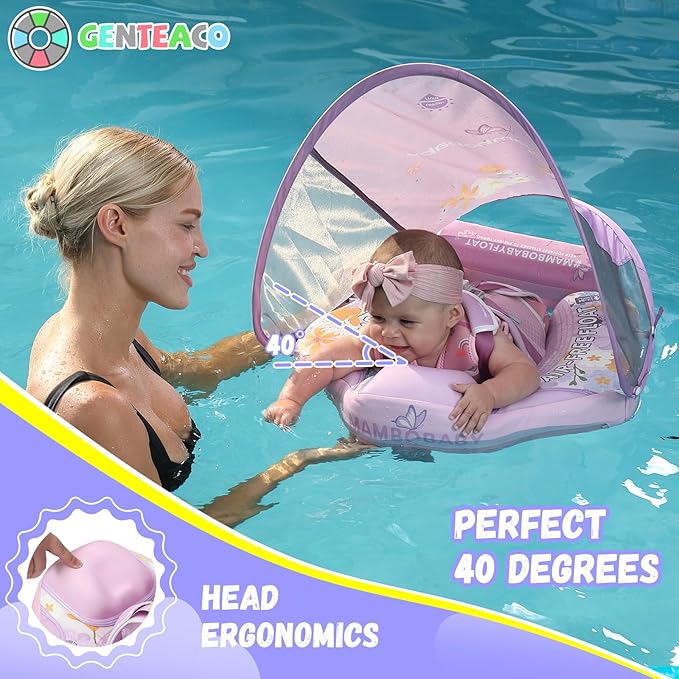 Mambobaby Baby Swim Float with Canopy Non-Inflatable Infant Pool Float with Tail 3-24 Months Avoid Flip Solid Skin-Friendly Material for Toddler Boys Girls