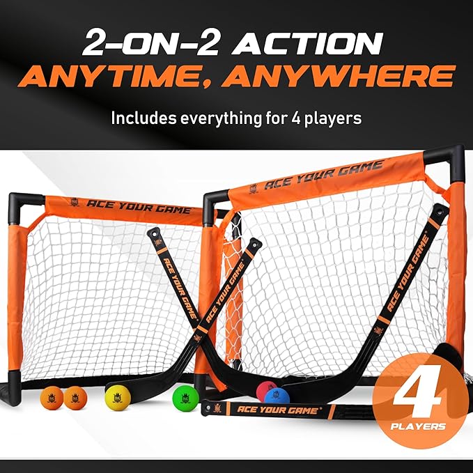 ACE HOCKEY - Shinny Hockey Set - Complete 4-Player Indoor/Outdoor Kit - Knee Hockey Goal Set (2) Goals, (2) Mini Sticks, and (6) Foam Balls - Mini Hockey Set