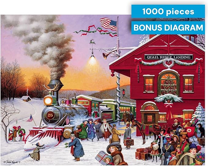 Buffalo Games – Charles Wysocki - Whistle Stop Christmas- 1000 Piece Holiday Jigsaw Puzzle - Festive Puzzles for Adults – Precision-Cut Pieces, Winter Artwork, Hours of Relaxing Fun