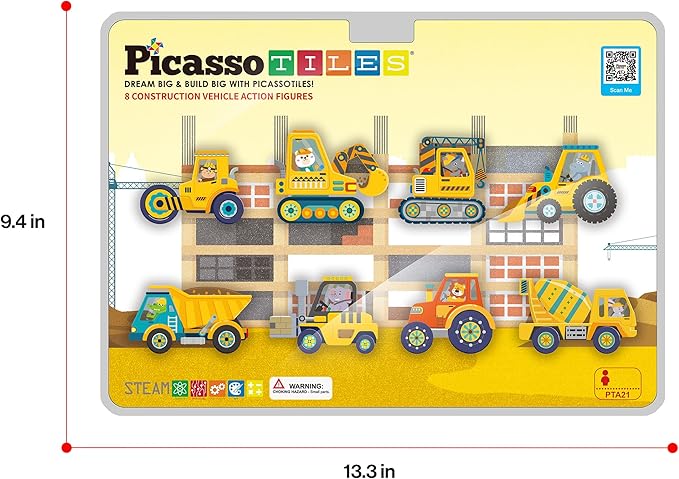 PicassoTiles Magnetic Tile Building Blocks Add On 8 Magnetized Action Figures Construction Vehicles & Zoo Animal Theme Compatible with Magnet Tiles Sets STEM Learning Toy for Boys & Girls Age 3+ PTA21