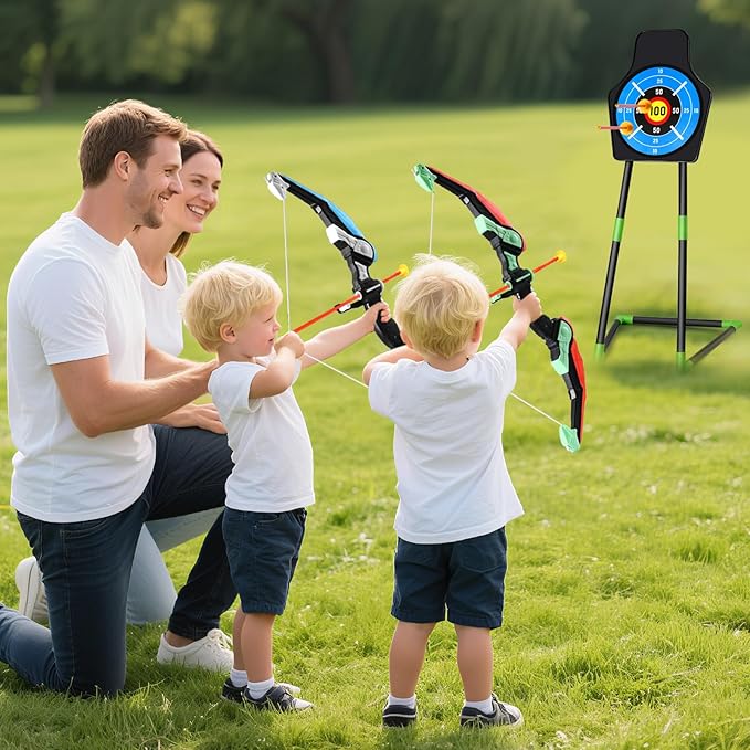 Bow and Arrow for Kids : LED Light Up Archery Set with 24 Suction Cup Arrows, 1 Standing Target, 6 Score Targets & 2 Quiver | Indoor Outdoor Sport Gifts for Boys Girls Ages 4 5 6 7 8 9 10 | 2 Pack