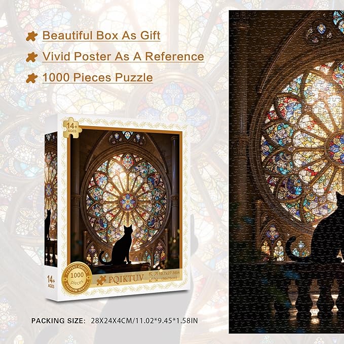 1000 Piece Jigsaw Puzzle, Black Cat Silhouette in Cathedral Stained Glass Window, Gothic Church Art Puzzles, with HD Poster, Storage Bag & Gift Box, Family Puzzle Decoration(27.56x19.7 Inch)
