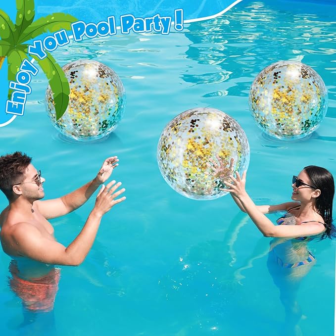 12 Pack Gold Glitter Beach Beach Balls 16" Large Inflatable Sparkly Confetti Pool Balls Glitter Pool Toys PVC Jumbo Sport Ball for Birthday Hawaiian Wedding Christmas Happy New Year Party Favor