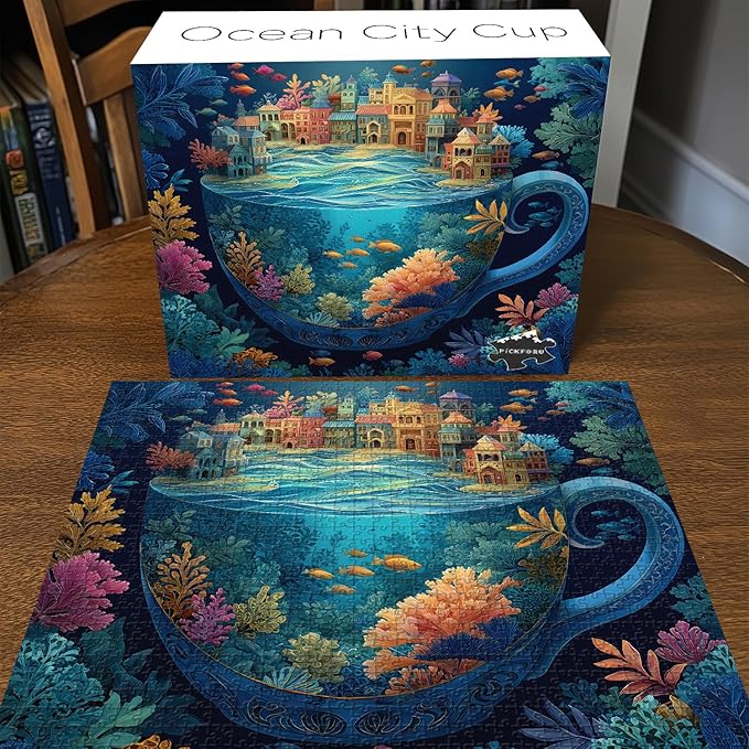 PICKFORU Ocean City for Adults 1000 Pieces, Colorful Fantasy Cup Jigsaw Puzzles Coral Fish, Difficult Challenging Sea Landscape Theme as House Decor