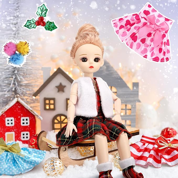 Sumind 14 Pieces Christmas Doll on Clothes Accessories Outfits Set Including Skirts, Bathrobe, Sleeping Bag, Fluffy Vest, Shirt, Scarf, Eye Cover and Boots for Xmas Doll Decor(Cute Style)