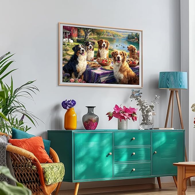 500 Piece Jigsaw Puzzle for Adults – Five Dogs Lakeside Picnic Jigsaw Puzzles 500 Pieces, Spring Nature Animal Puzzles for Adults 500 Pieces, Challenging Perfect for Game Nights, 20.5 X 15 in