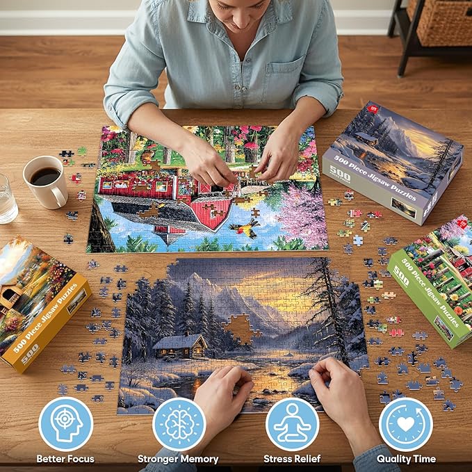 3 Pack 500 Pieces Jigsaw Puzzles for Adults, Beautiful Spring Fall Winter Puzzle for Teens Elderly, Recycled Paper Puzzle 500 Pieces, Glossy, Sturdy Pieces Challenging Family Game Gift 20.5x15in