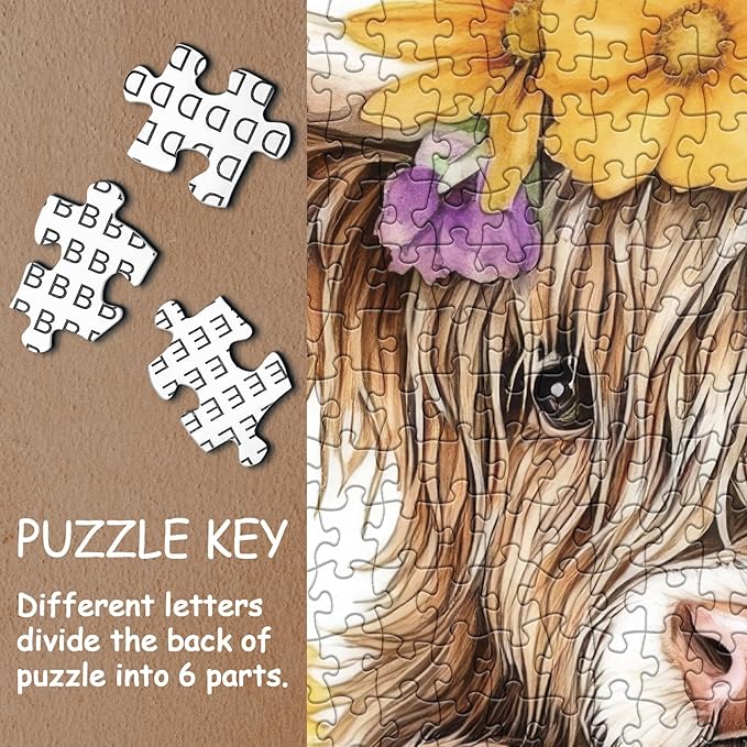 Highland Cow Sunflower Puzzle for Adults 1000 Pieces, Cute Animal Flower Jigsaw Puzzle, Colorful Cactus Floral Watercolor Painting Puzzle