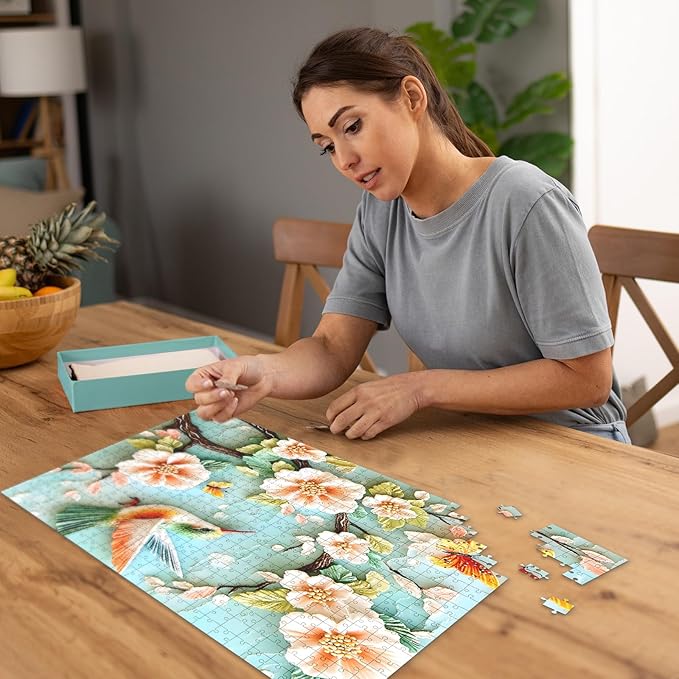 Puzzles for Adults 1000 Pieces, Flower Bird Puzzle 1000 Pieces - Spring Blossom Glory, Impossible Hummingbird Puzzle, Finished Size 19.69 * 27.56", with 1:1 Poster
