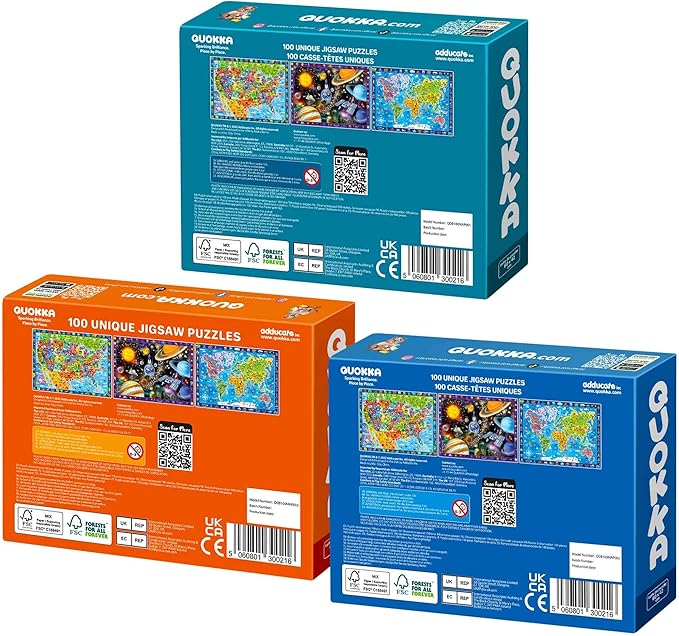 QUOKKA 100 Piece Puzzles for Kids Ages 4-6 - 3 Jigsaw Kids Puzzles Ages 6-8 - Learning Map of the United States World Space - Toddler Educational Games for 5-8 Year - Toys for 8-10-12 Year Old