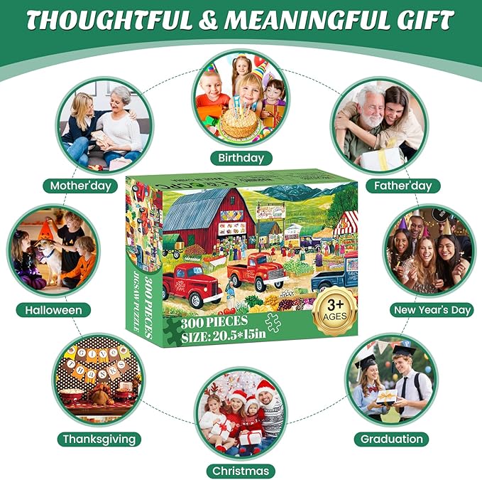 300 Piece Puzzles for Adults, Farmer’s Market Jigsaw Puzzle with Fresh Fruits, Large Piece Trucks Puzzle for Kids Ages 8-10 10-12, Fun Farm Countryside Puzzles,Family Game Great Gift 20.5 * 15in