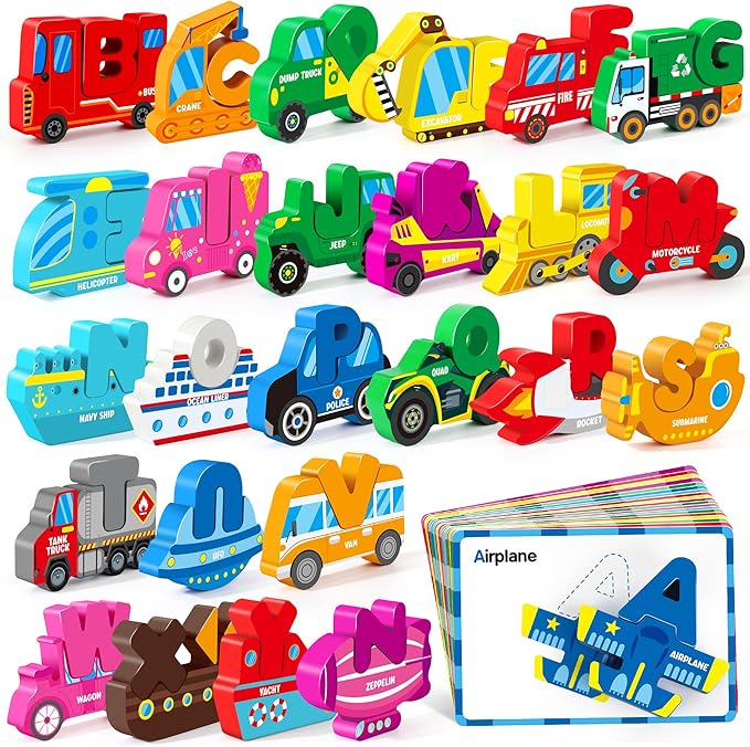 Vanmor Wooden Vehicle Alphabet Puzzle for Toddlers, Traffic ABC Letter Sight Words Matching Game with 52 Blocks and Flash Cards, Spelling Game Toys, Kindergarten Preschool Learning Activities