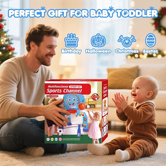 Toys For 1 Year Old Boy - Toddler Basketball Hoop&Soccer Goal&Baseball Sport Activity Center,Montessori Sensory Musical Toy With Light,Christmas Birthday Gift for Age 12-18 Month(Baby Blue Dinosaur)