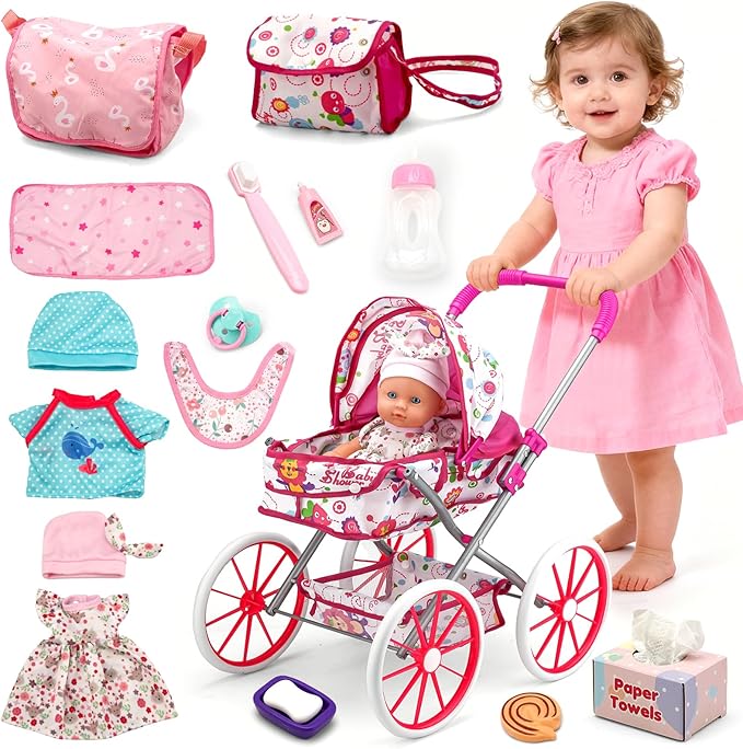 Baby Doll Stroller Toys Set W/ 13'' Baby Doll, Doll's Bed, Dining Chair, 26 PCS Doll Accessories & 2 Set Clothes, Baby Stroller Toys for 3 4 5 Year Old Girl Birthday Gift, Pretend Playset for Toddler